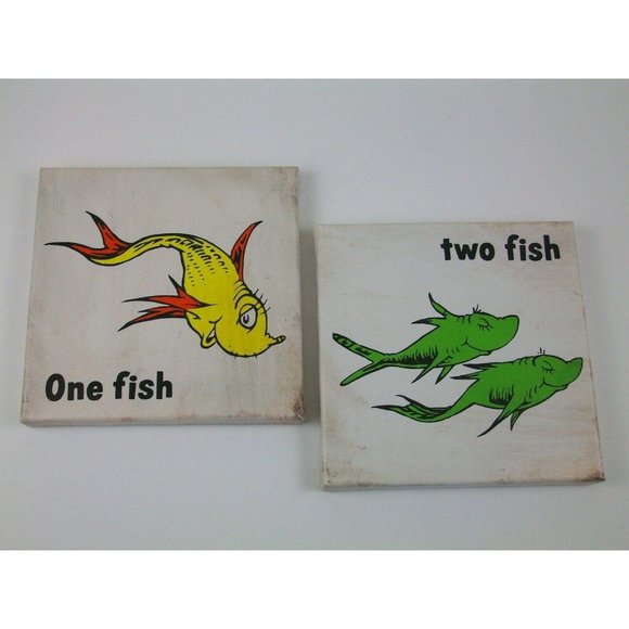 Dr Seuss 8X8 Canvas Wall Art Set One Fish Two - Picture 1 of 8